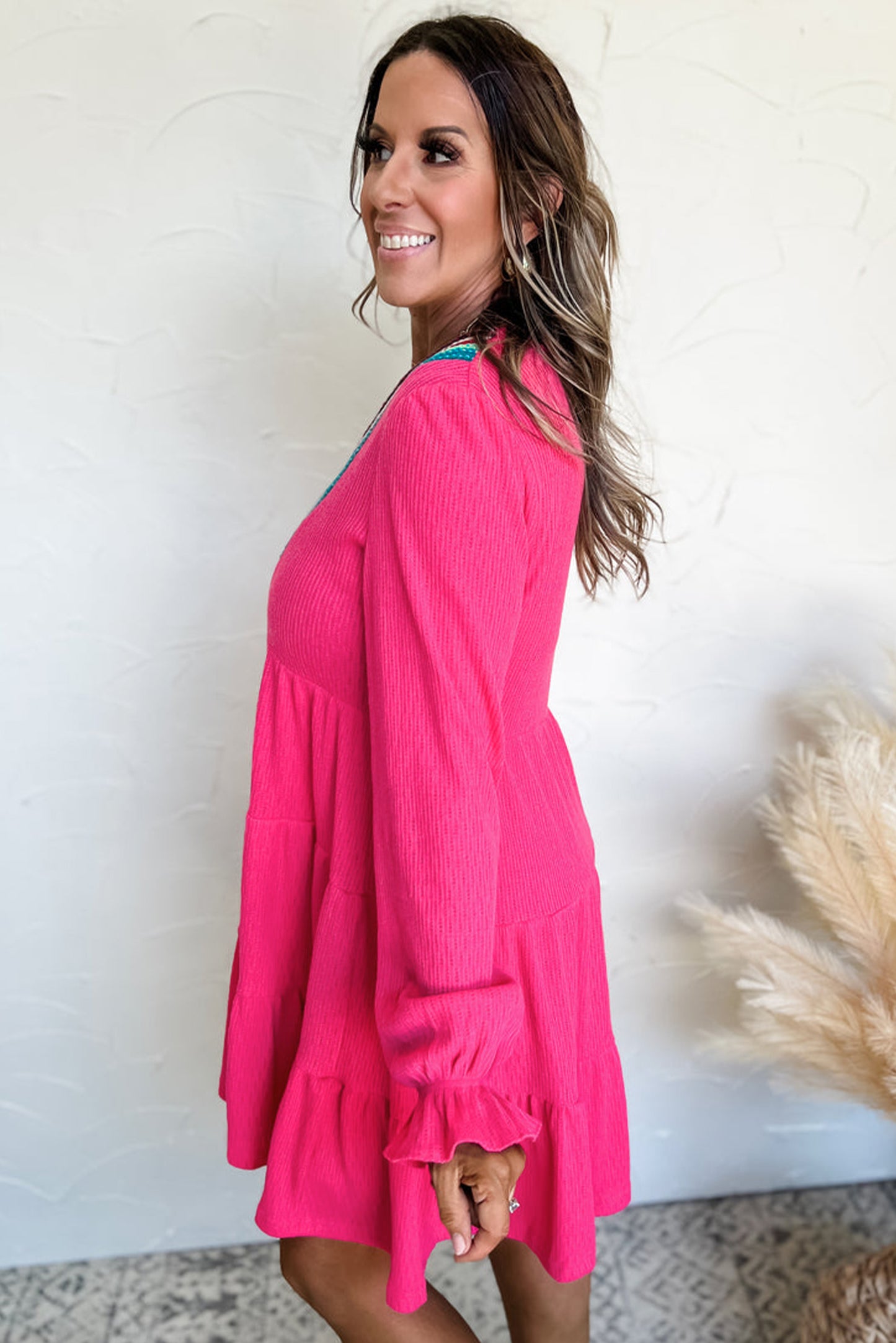 Rose Red Colorful Crochet V Neck Textured Tiered Ruffled Long Sleeve Mini Dress - Aaria Tees Aaria Tees