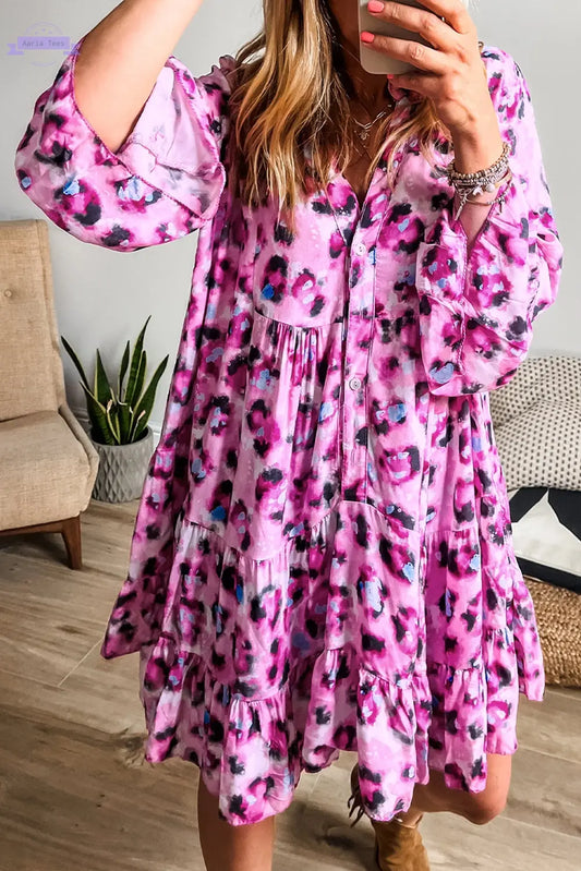 Rose Leopard Print Buttoned Front 3/4 Sleeve Tiered Ruffled Hem Dress Aaria Tees