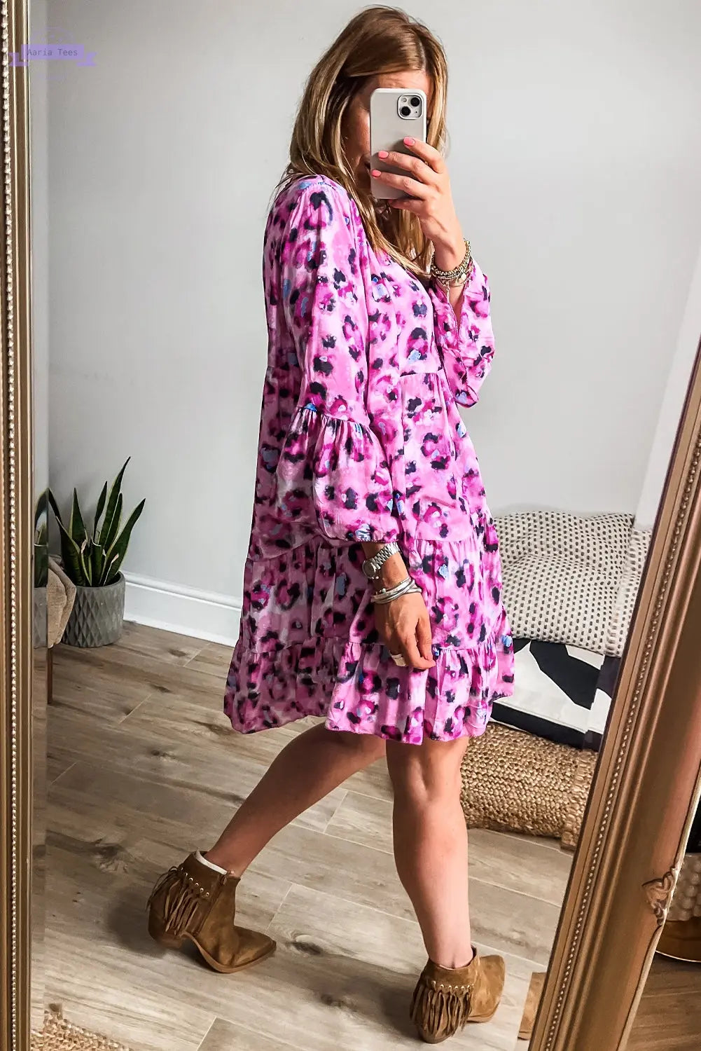 Rose Leopard Print Buttoned Front 3/4 Sleeve Tiered Ruffled Hem Dress Aaria Tees