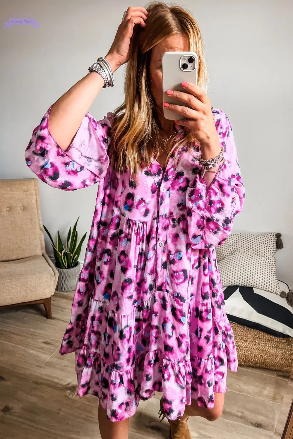 Rose Leopard Print Buttoned Front 3/4 Sleeve Tiered Ruffled Hem Dress Aaria Tees