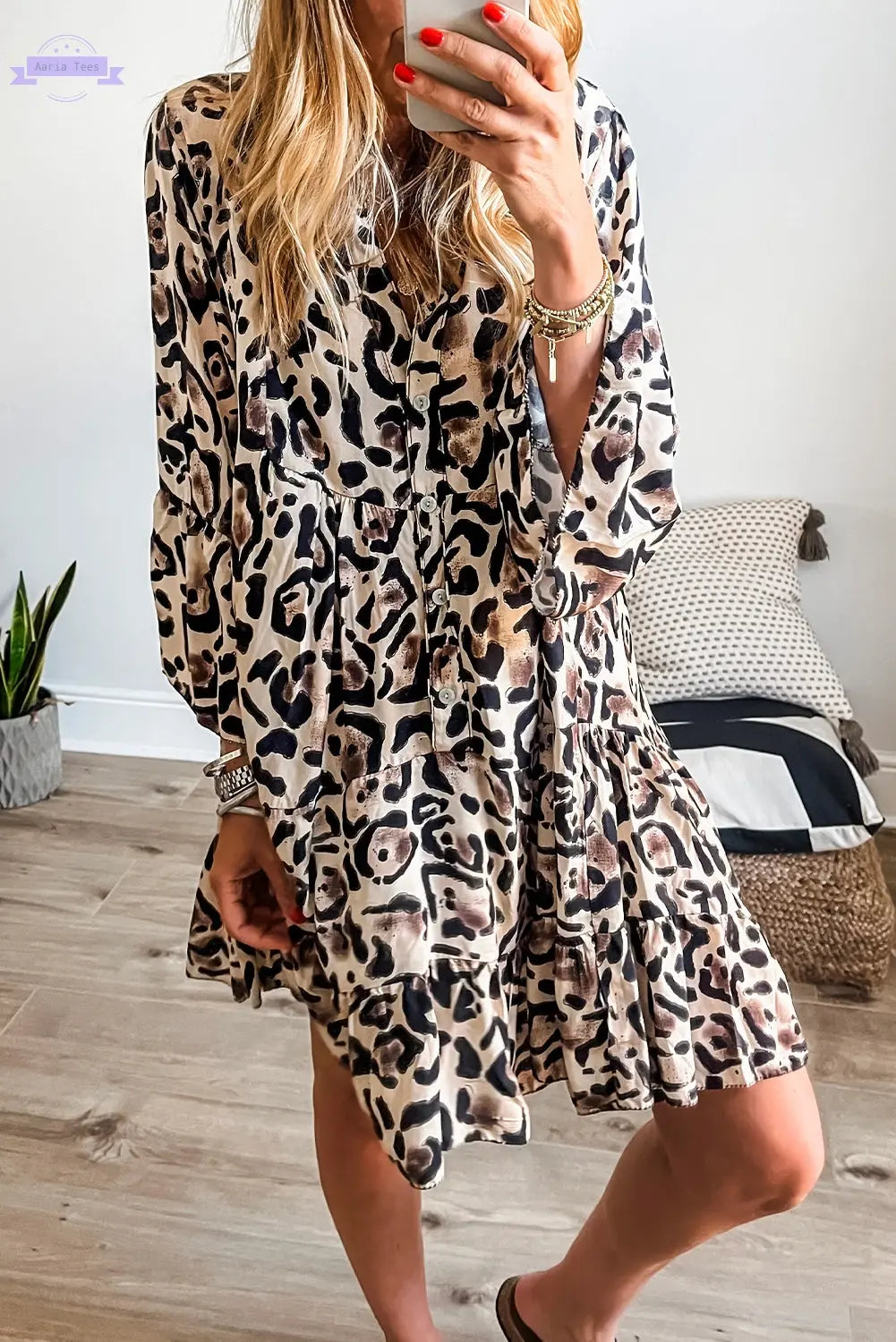 Rose Leopard Print Buttoned Front 3/4 Sleeve Tiered Ruffled Hem Dress Aaria Tees