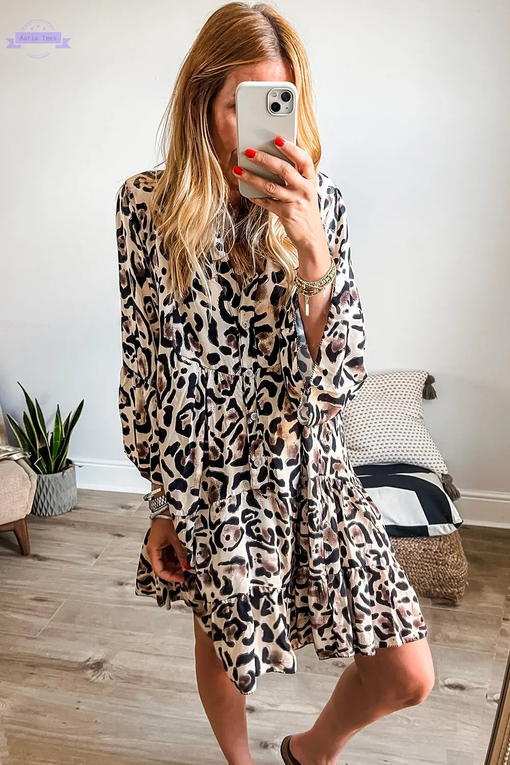 Rose Leopard Print Buttoned Front 3/4 Sleeve Tiered Ruffled Hem Dress Aaria Tees
