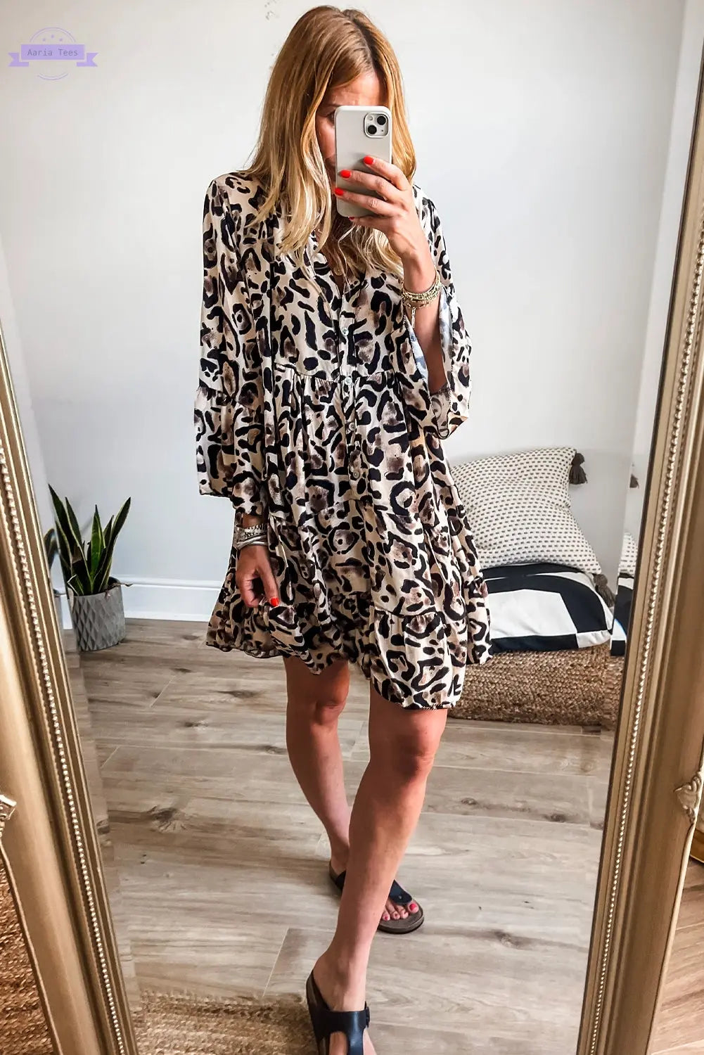 Rose Leopard Print Buttoned Front 3/4 Sleeve Tiered Ruffled Hem Dress Aaria Tees