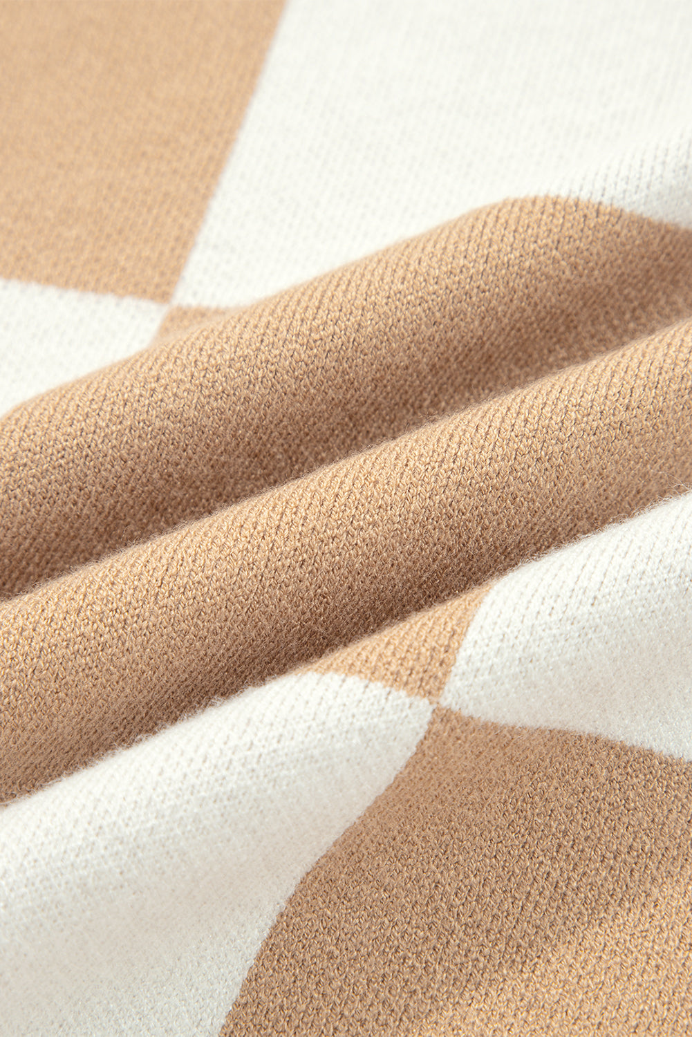 Light French Beige Checkered Pattern Loose Drop Shoulder Half Sleeve Sweater