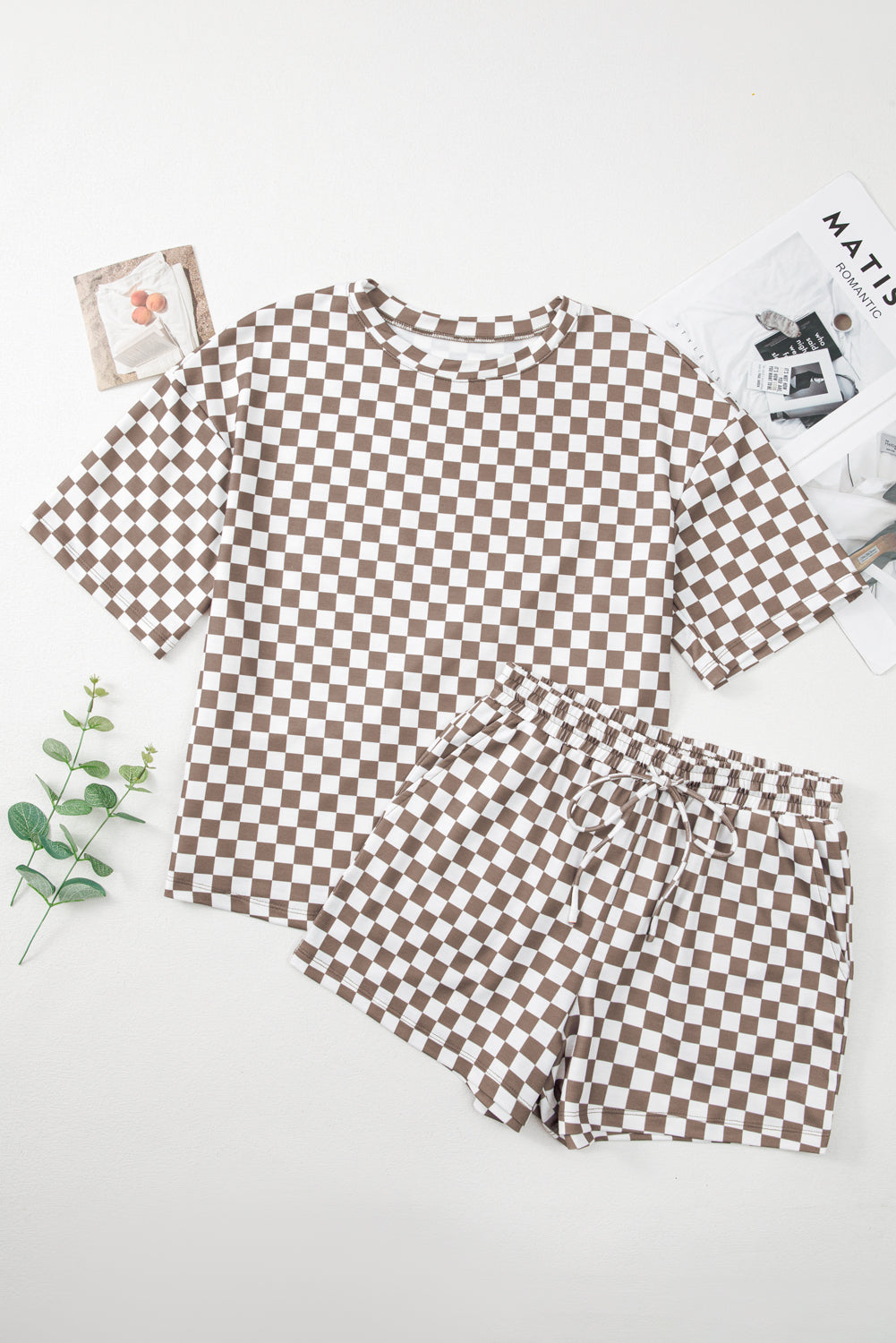 Brown Checkered Top and Short Casual 2pcs Set Aaria Tees