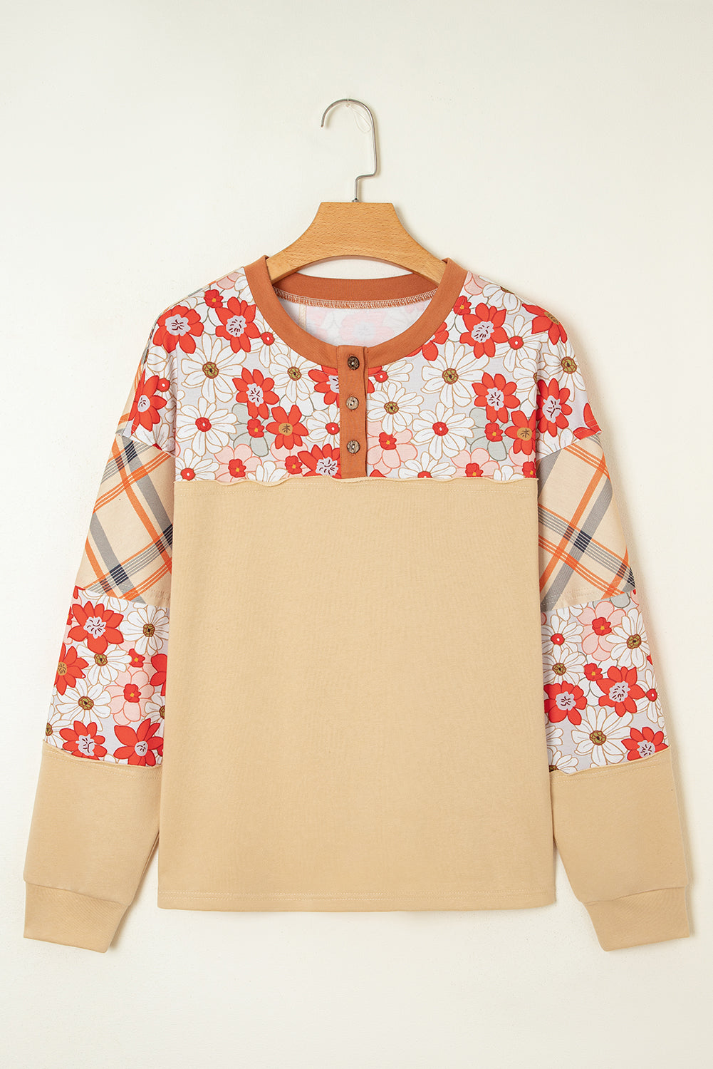 Parchment Floral Plaid Patchwork Casual Top