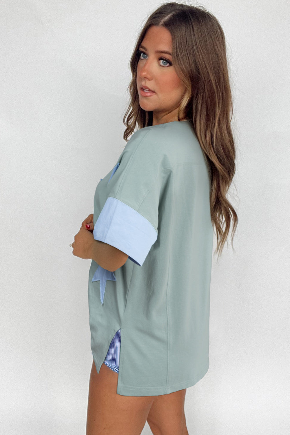 Aruba Blue Frayed Denim Star Patched Oversize T Shirt
