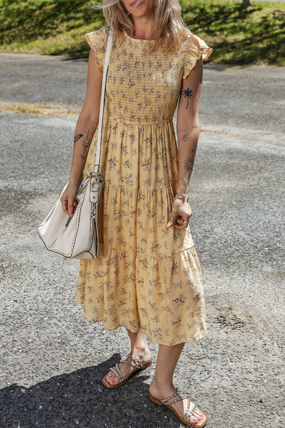 Yellow Boho Floral Print Ruffle Smocked Flowy Summer Dress Aaria Tees