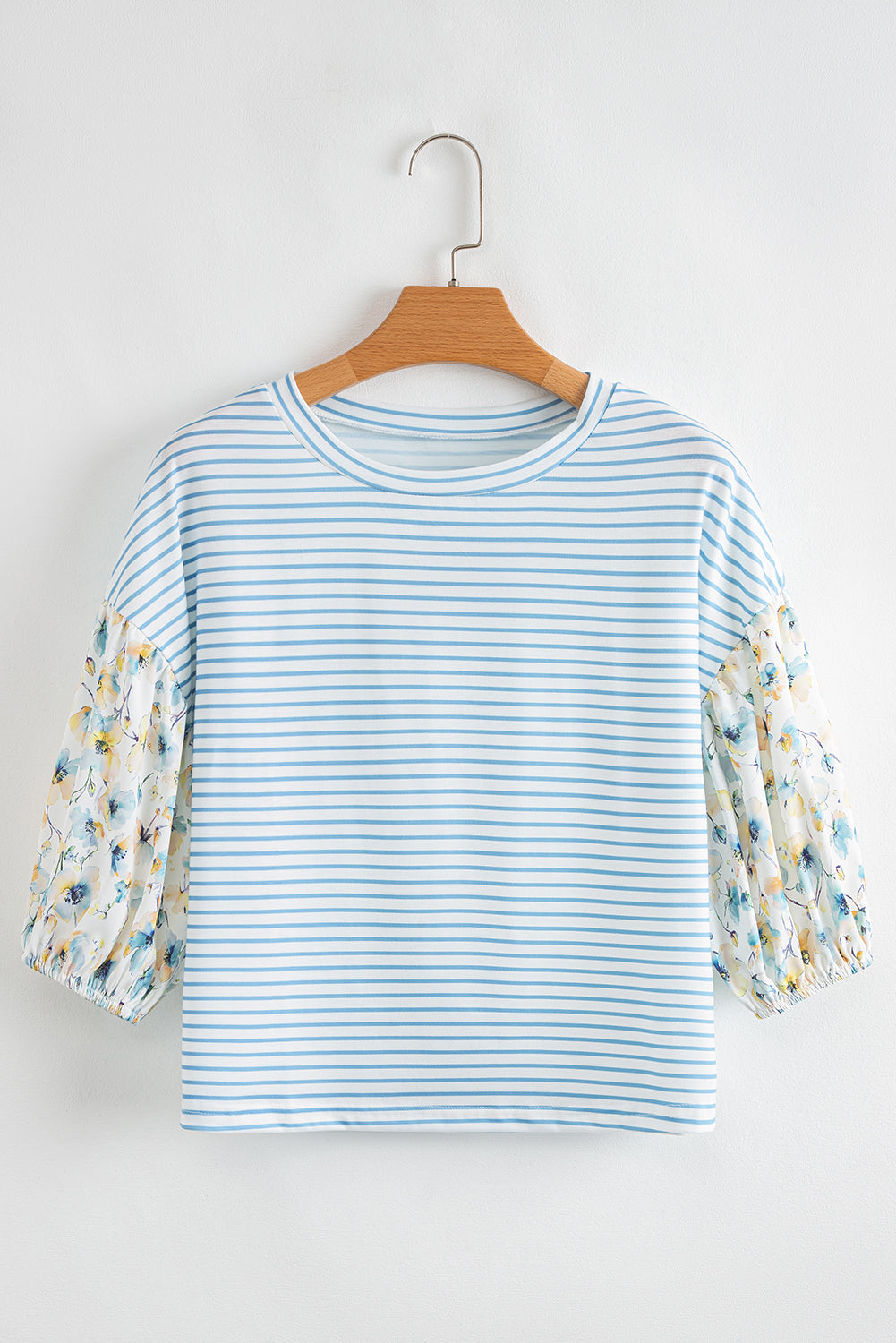 Sky Blue Stripe 3/4 Floral Puff Sleeve Patchwork Drop Shoulder Top