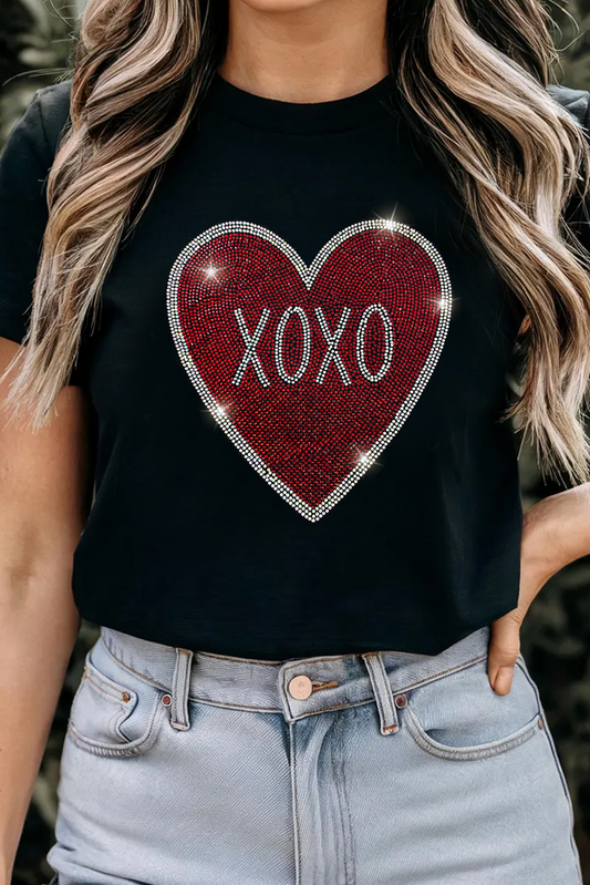 Black Rhinestone XOXO Heart Graphic Crewneck Tee Aaria Tees