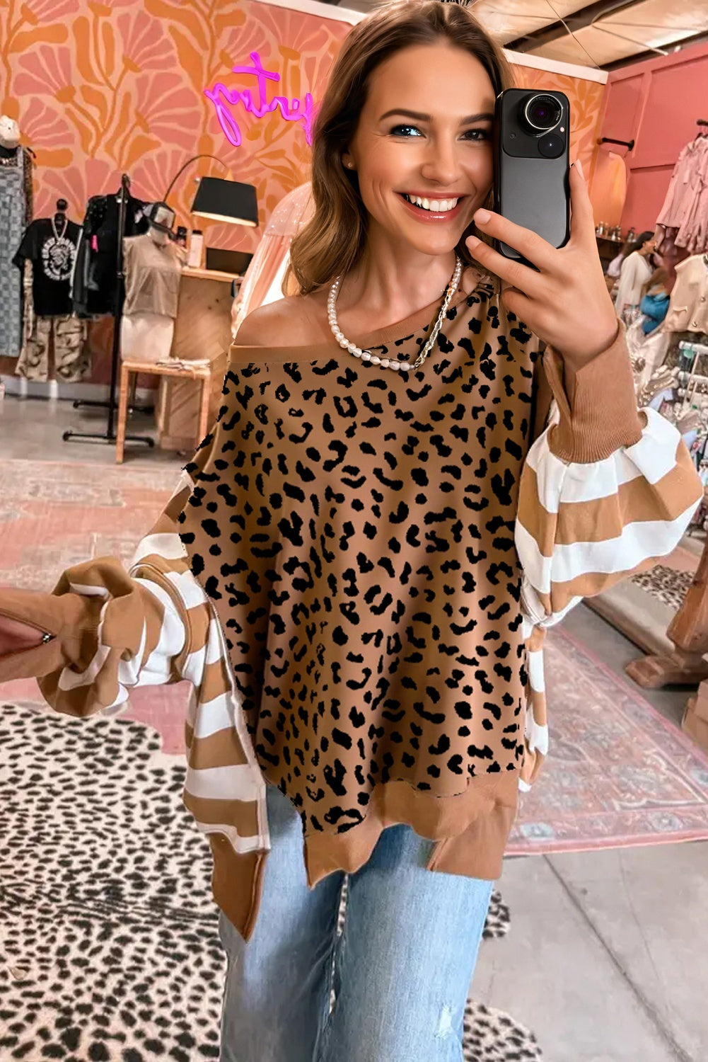 Purple Stripe Color Block Patchwork Leopard Casual Sweatshirt with Slits