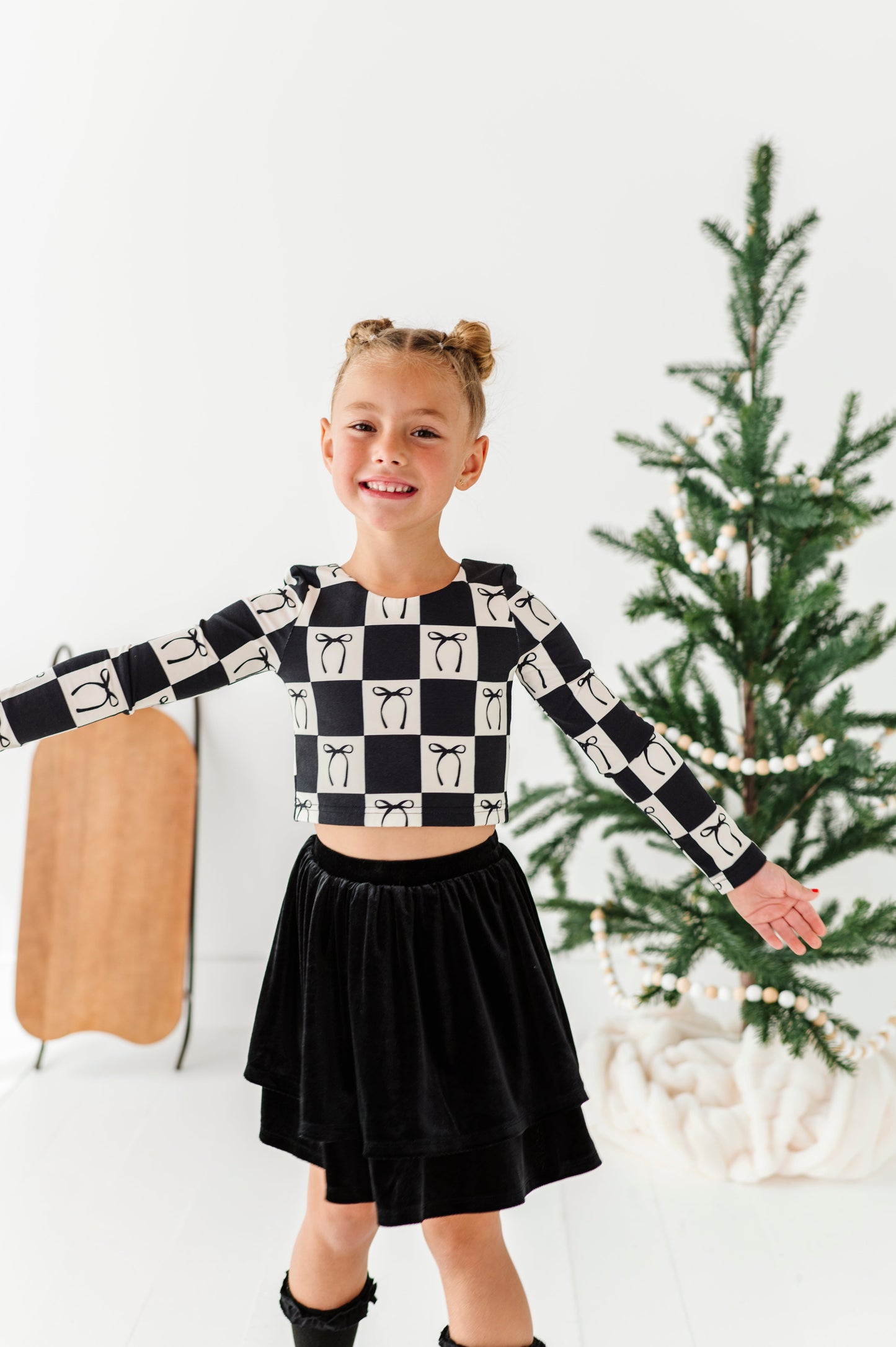 Checkered Bow | CROPPED Bow Back Long Sleeve Top