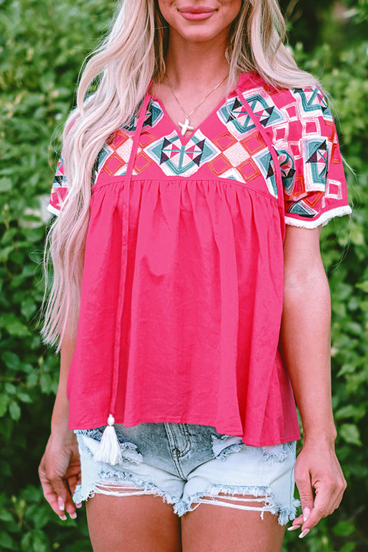 Zayla Embroidered Tassel Tie V Neck Blouse - Aaria Tees