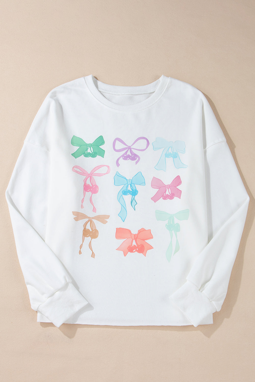 White Bowknot Pattern Drop Shoulder Loose Sweatshirt - Aaria Tees