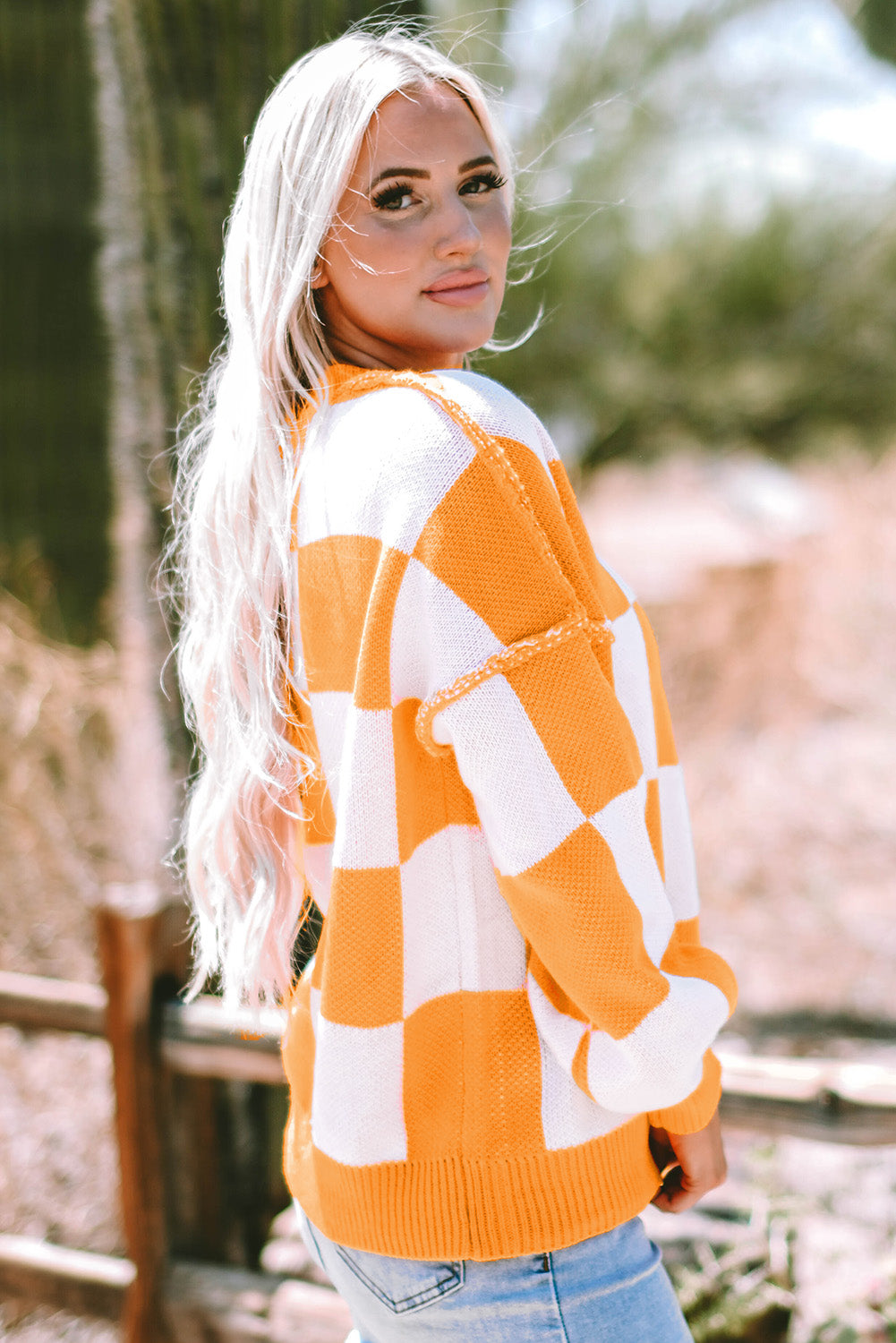 Orange Checkered Bishop Sleeve Sweater Aaria Tees Aaria Tees
