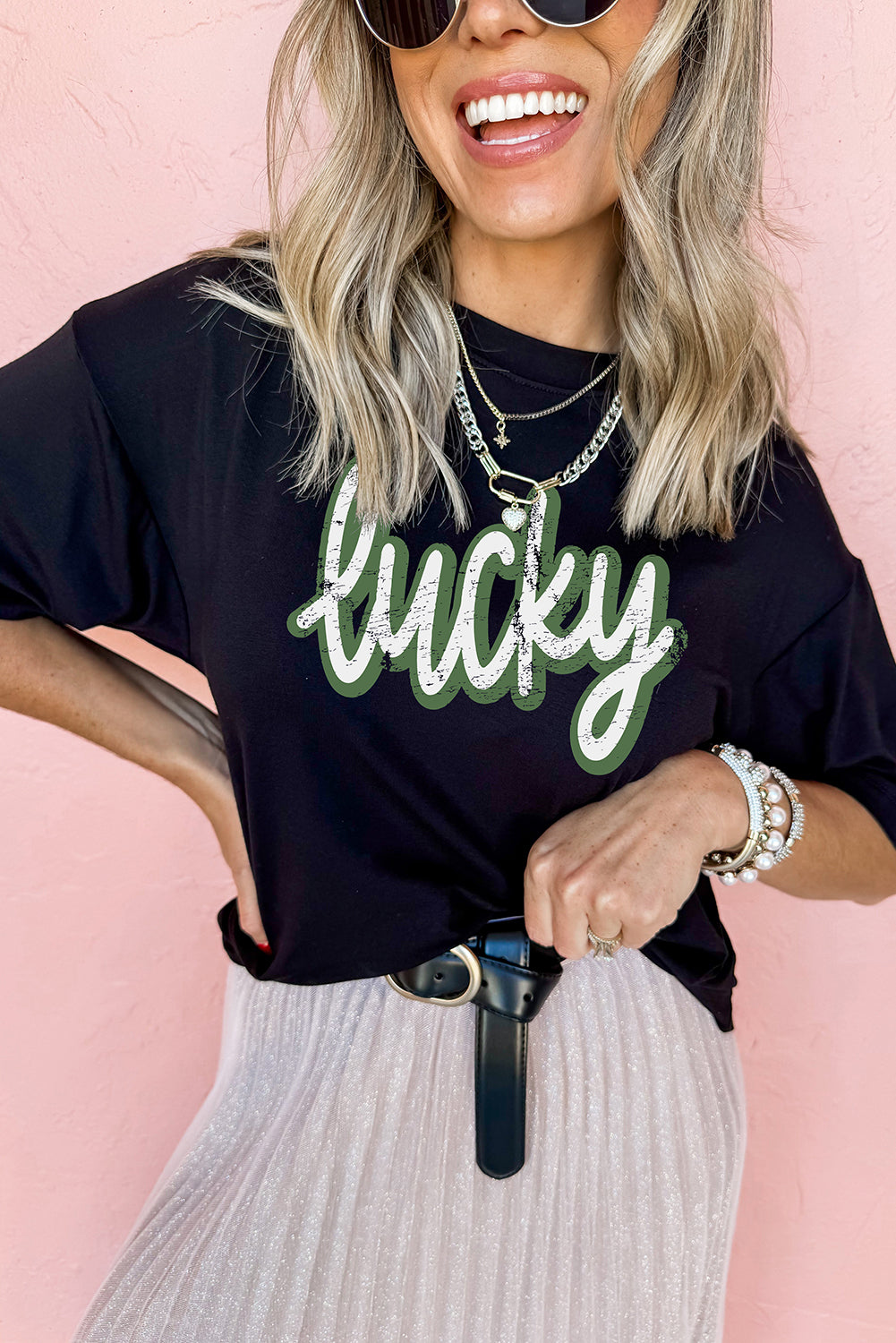 Black St Patricks Day lucky Cracked Letter Graphic T Shirt - Aaria Tees