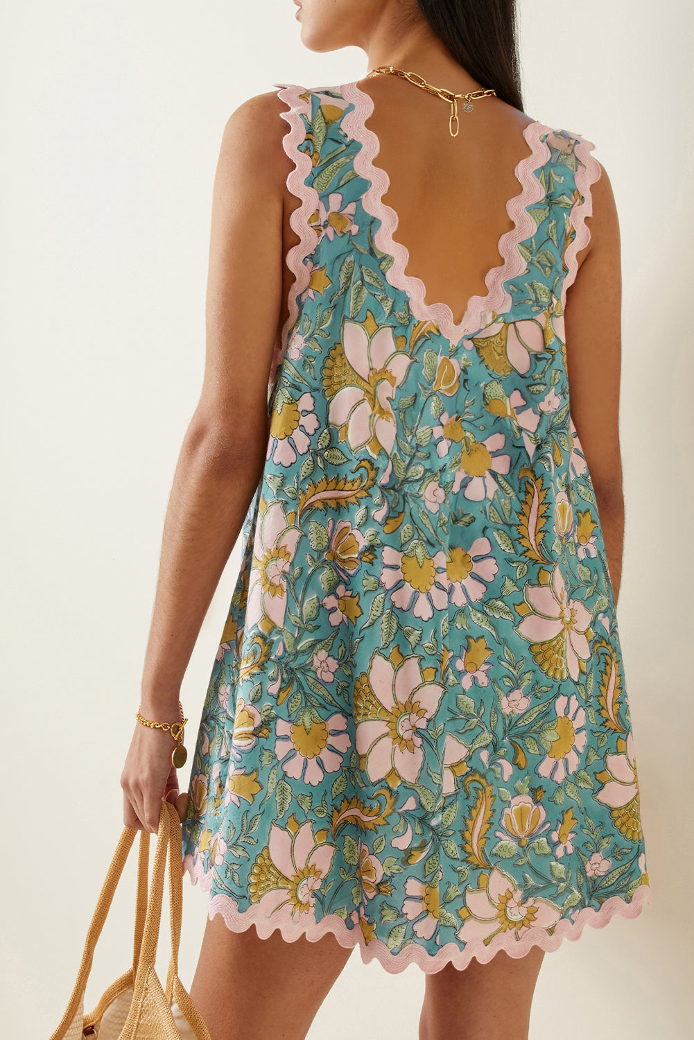 Sky Blue Floral Ricrac Trim V Neck Shift Mini Tank Dress Aaria Tees