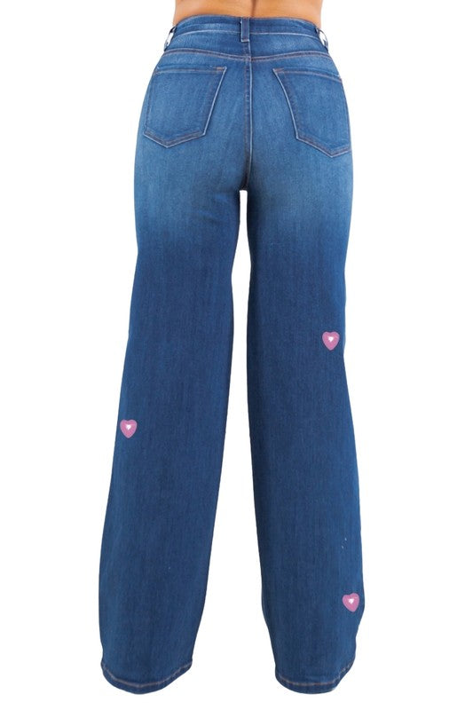GJG Denim Heart Stud Wide Leg Jean