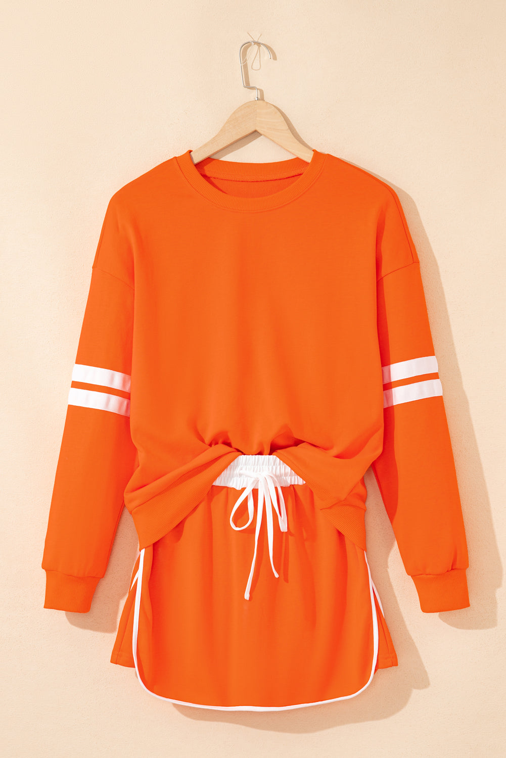 Fiery Red Varsity Stripe Detail Drop Shoulder Pullover Mini Skirt Set