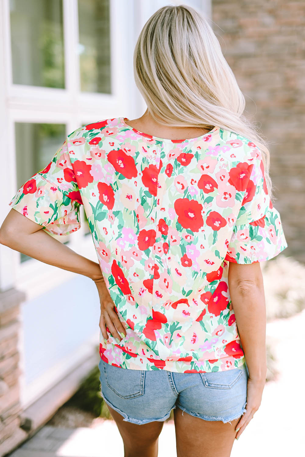 Fiery Red Floral Print Ruffled Short Sleeve V Neck Blouse Aaria Tees