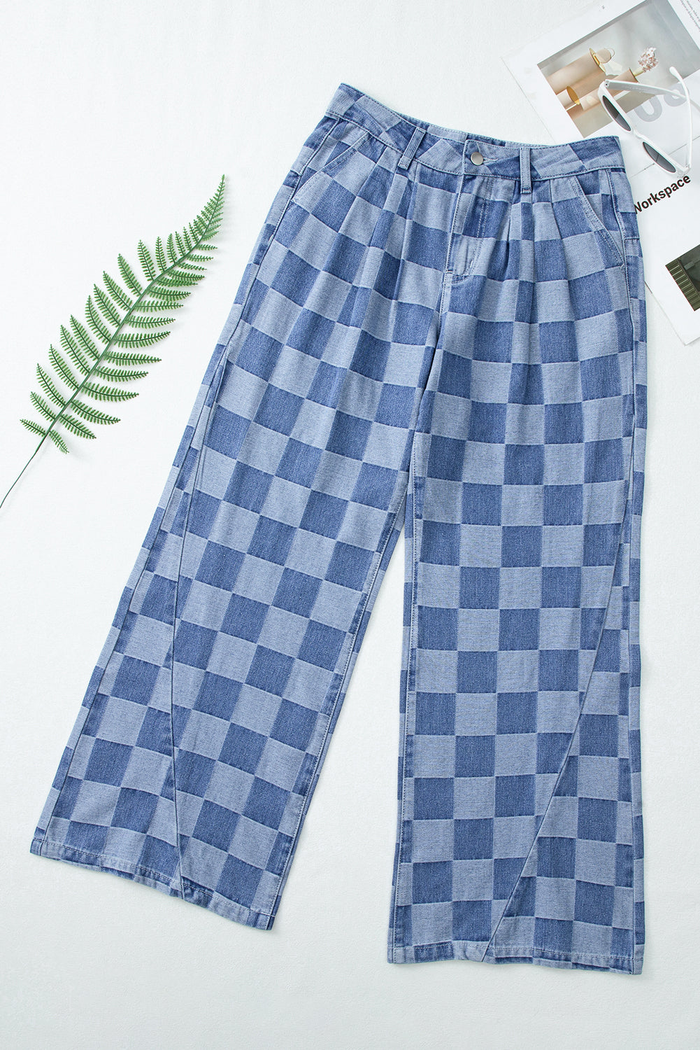 Dusk Blue Checkered Denim Wide Leg Jeans - Aaria Tees