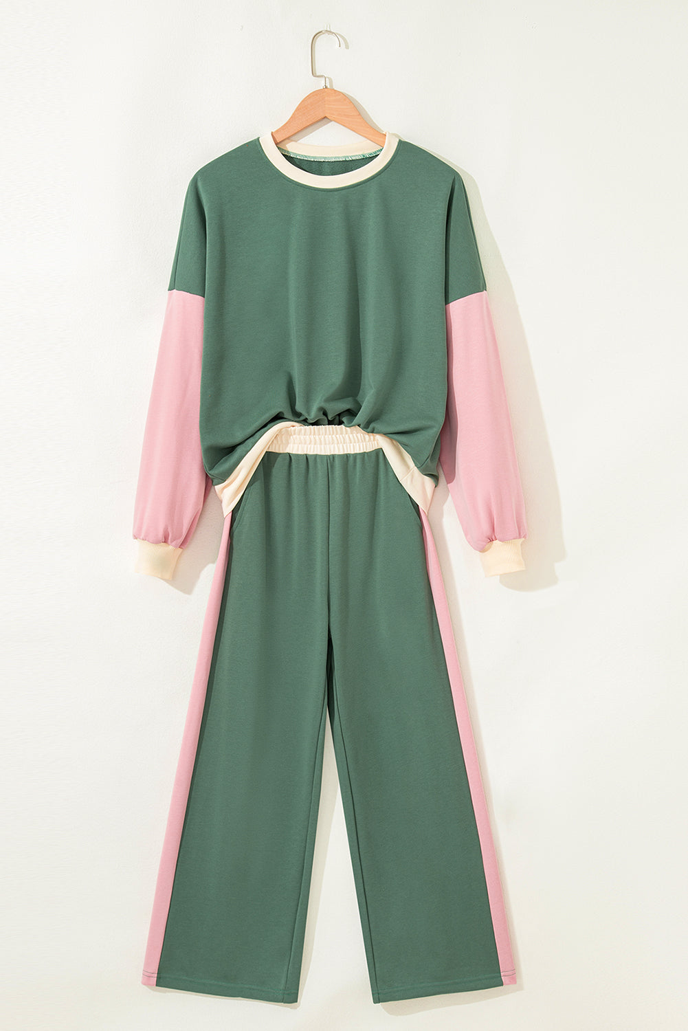 Light Pink 2pcs Color Block Pullover Loose Pant Set