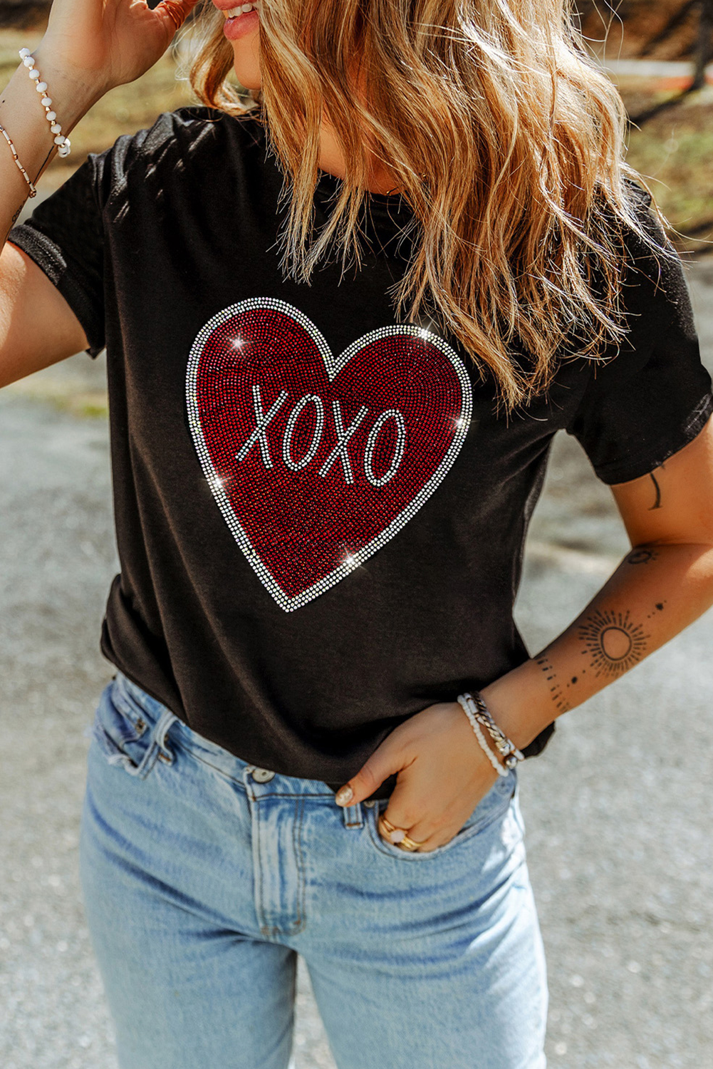 Black Rhinestone XOXO Heart Graphic Crewneck Tee Aaria Tees