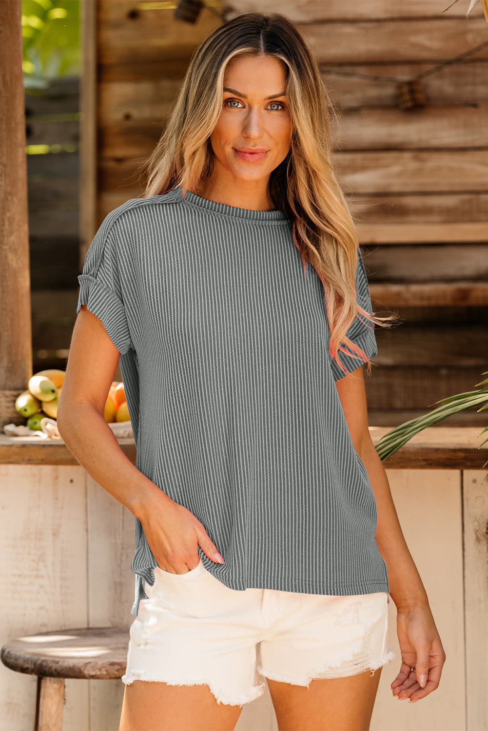White Textured Knit Exposed Stitching T-shirt