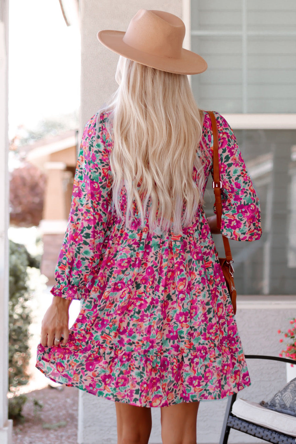 Purple Smocked V Neck Puffy Sleeve Floral Dress Aaria Tees