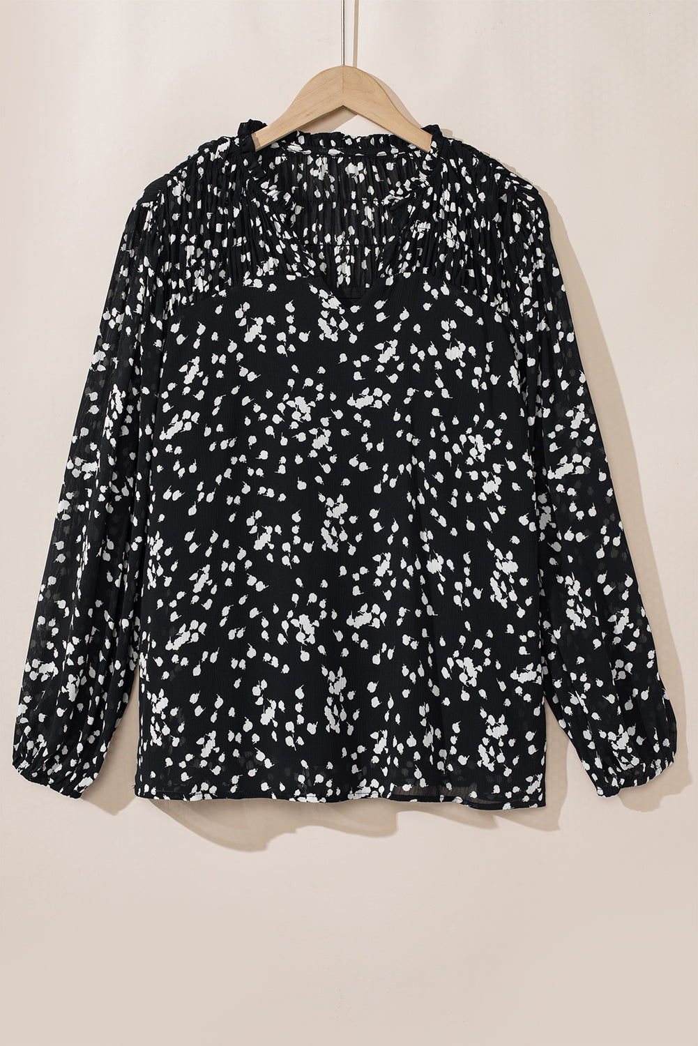 Black Plus Size Floral Print Ruched Split Neck Blouse Aaria Tees