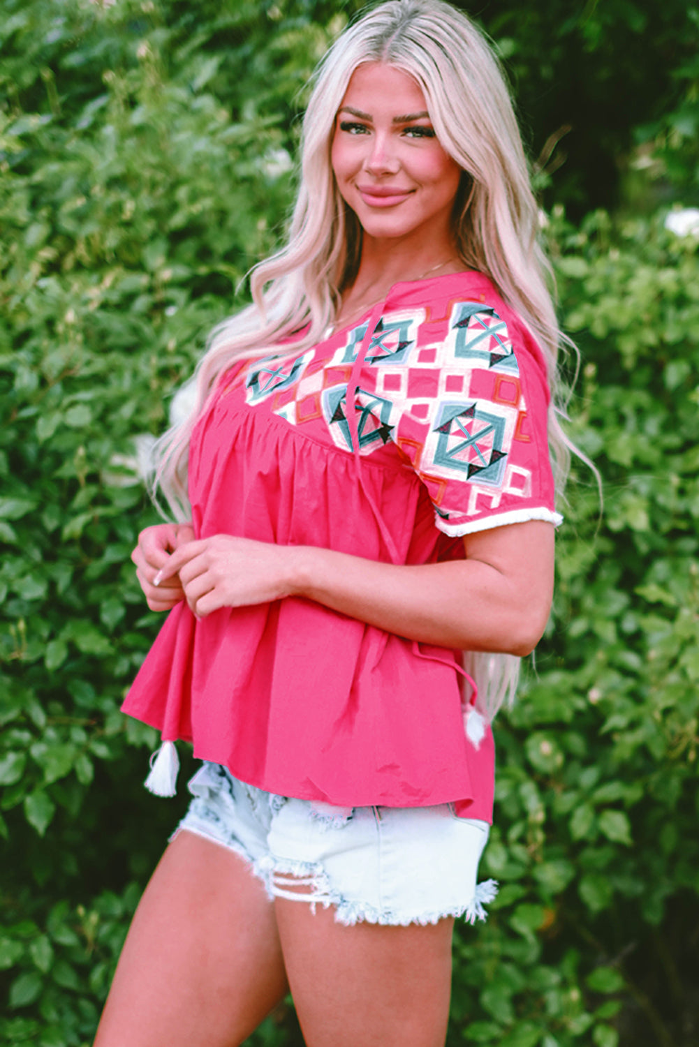 Zayla Embroidered Tassel Tie V Neck Blouse - Aaria Tees