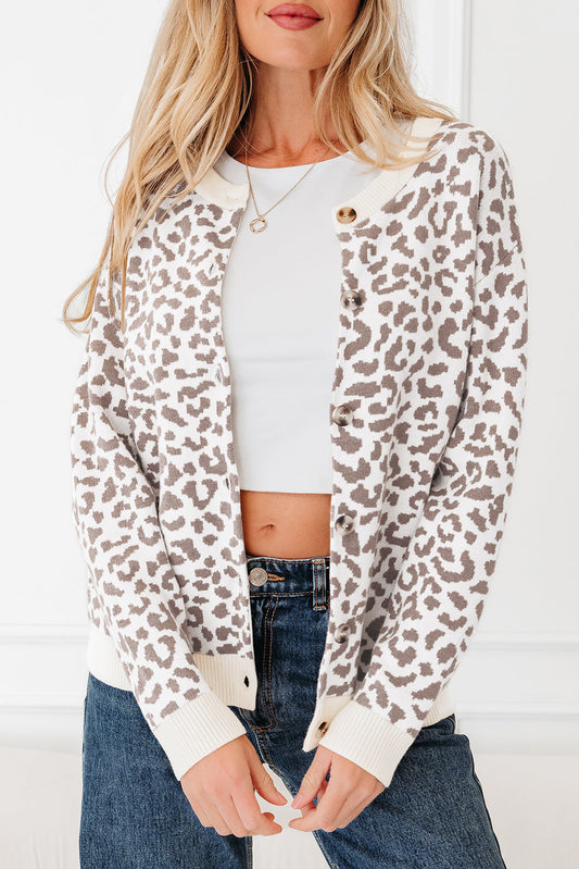 Leopard Drop Shoulder Chunky Cardigan Sweater