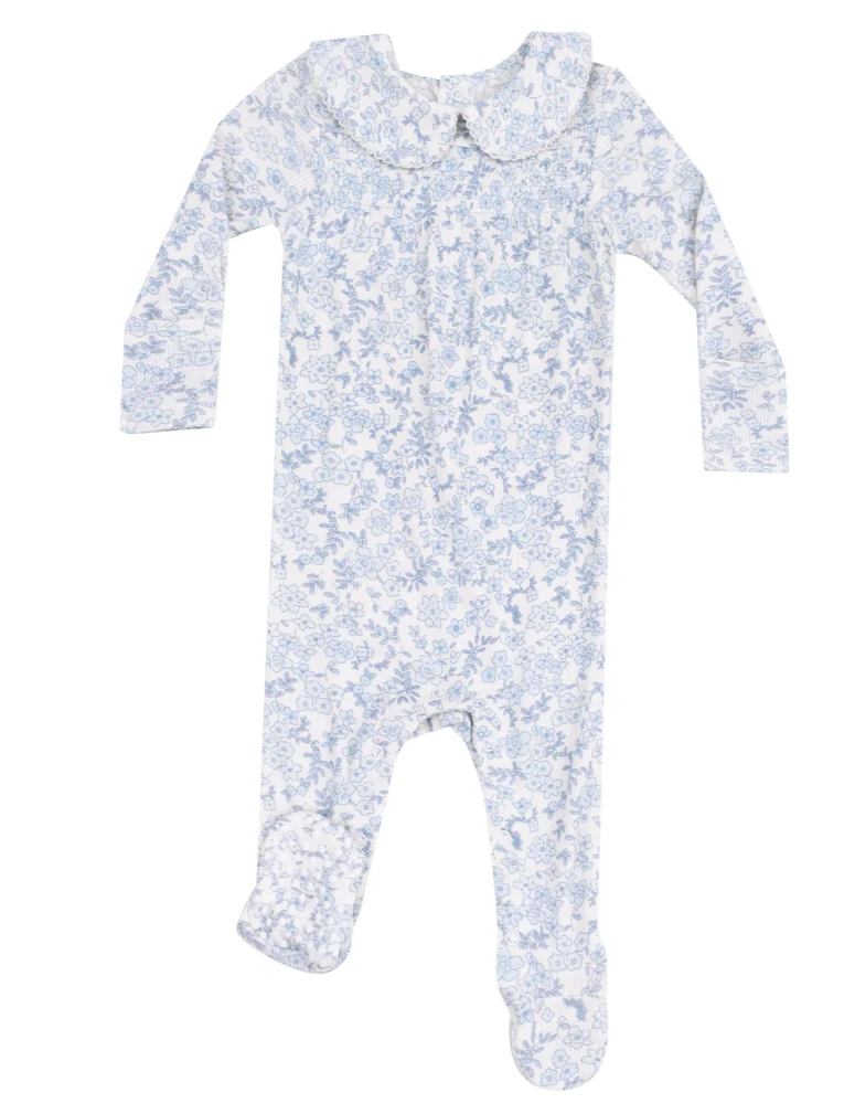 Blue Calico Floral Smocked Peter Pan Footie Sleeper