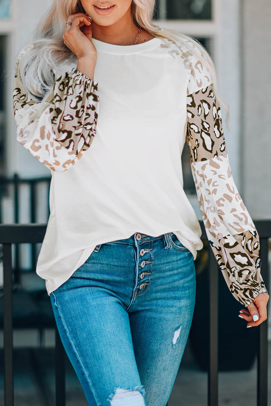 Beige Leopard Print Bubble Sleeve Top Aaria Tees
