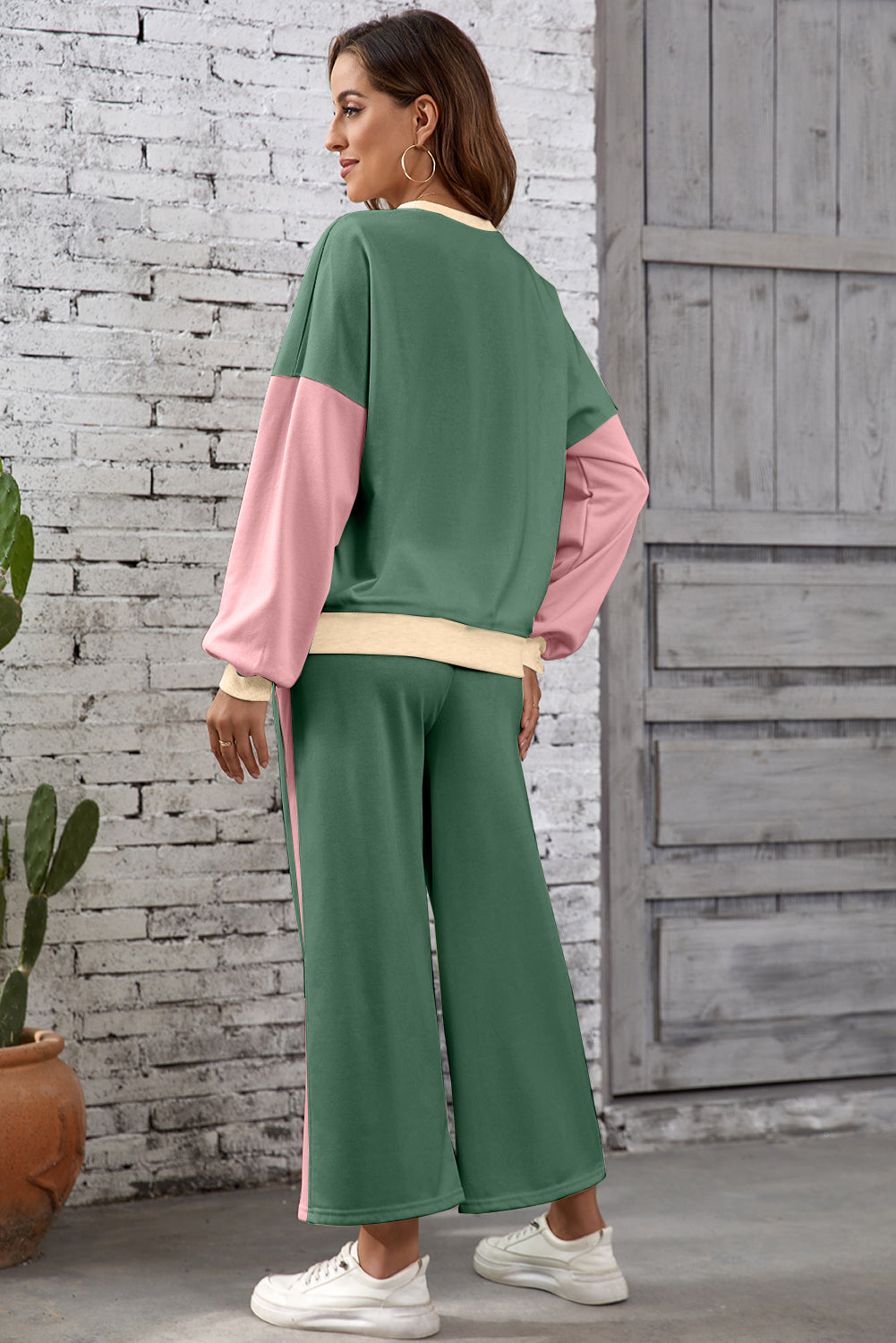 Light Pink 2pcs Color Block Pullover Loose Pant Set