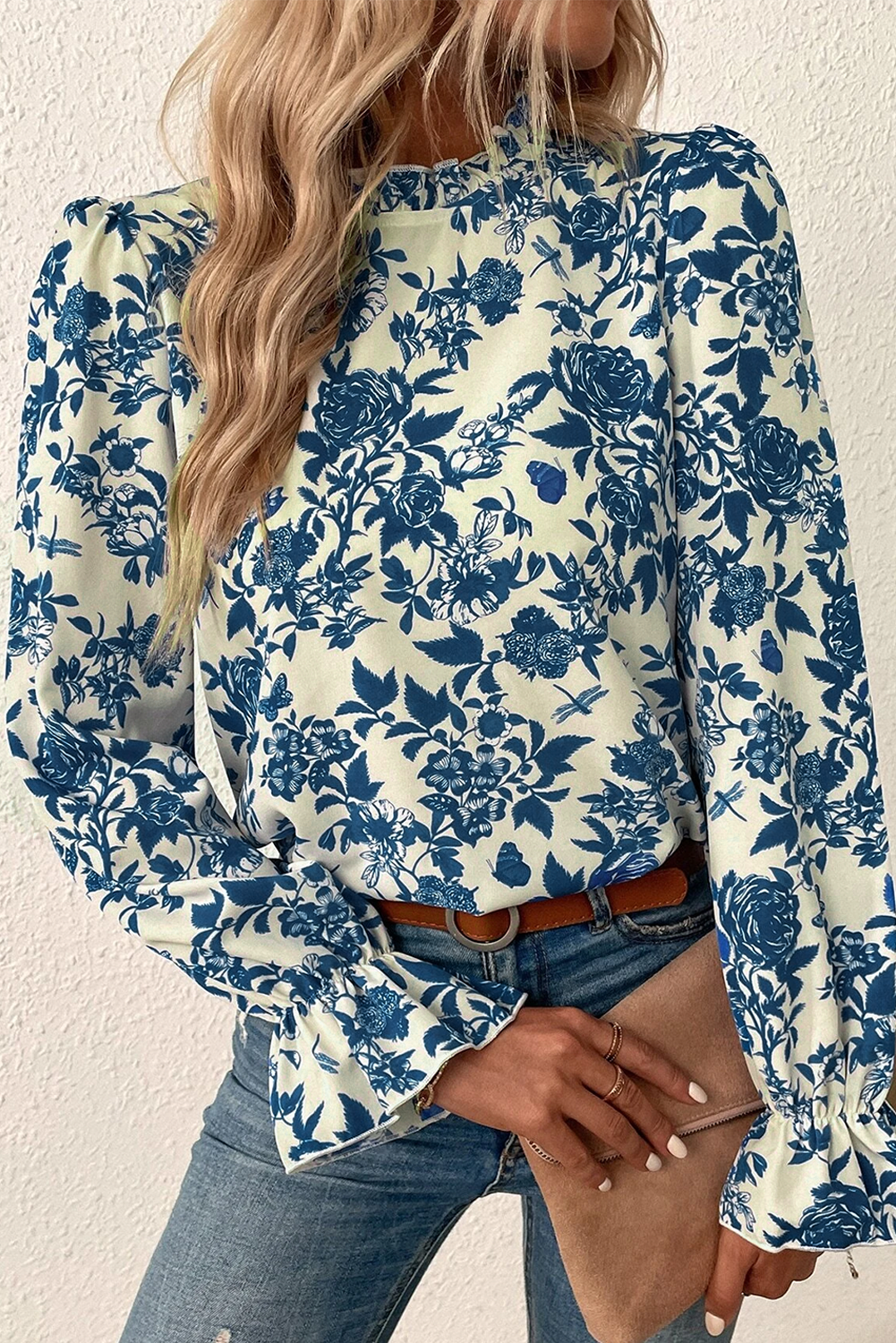 Rose Floral Print Flounce Sleeve Keyhole Back Blouse Aaria Tees Aaria Tees