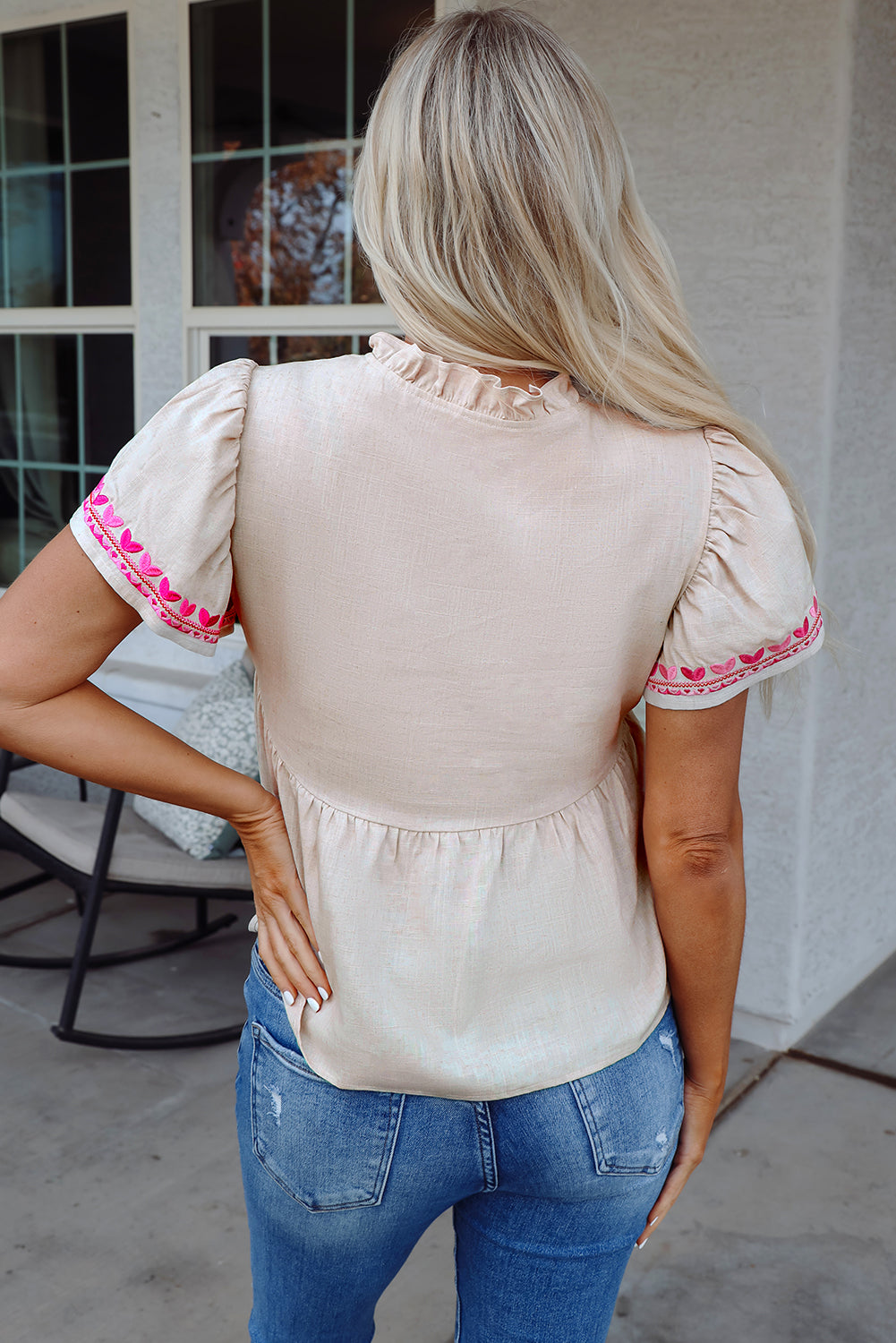 Beige Floral Embroidered Short Sleeve Notched V Neck Blouse - Aaria Tees