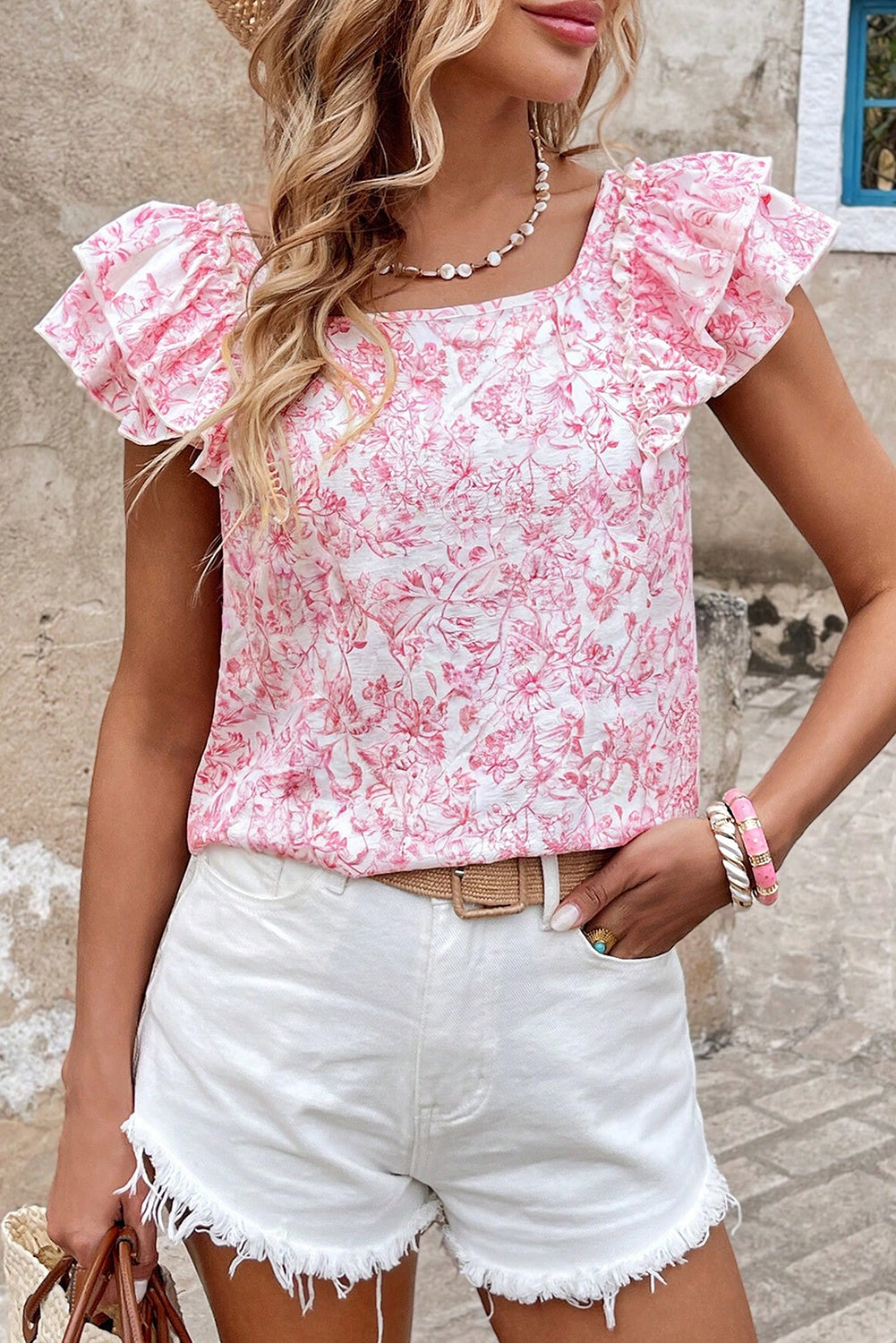 Sky Blue Floral Ruffled Short Sleeve Bow Back Square Neck Blouse