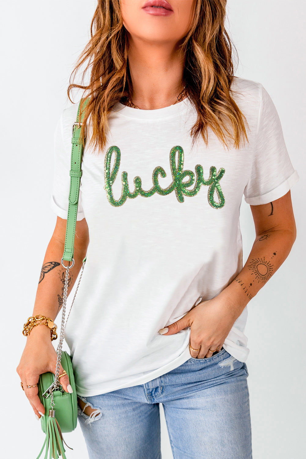 White Sequined Lucky St.Patricks Day Graphic Tee - Aaria Tees