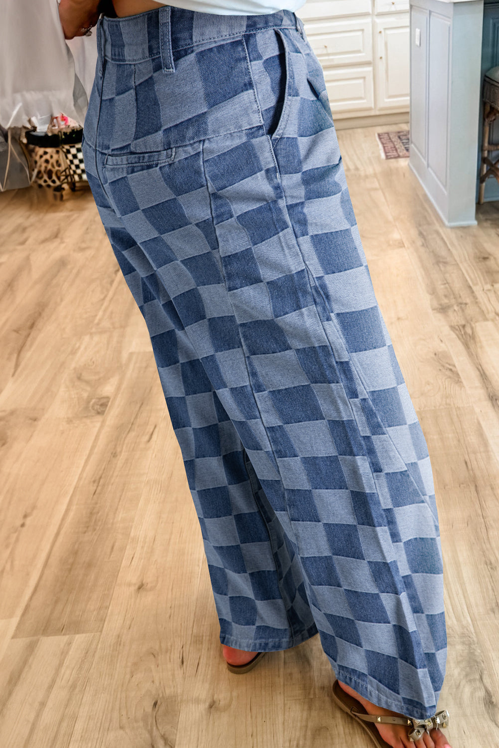 Dusk Blue Checkered Denim Wide Leg Jeans - Aaria Tees