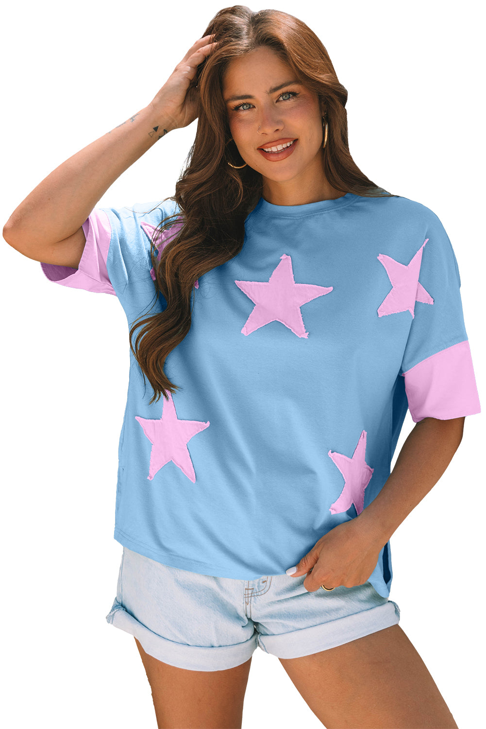 Myosotis Frayed Denim Star Patched Oversize T Shirt