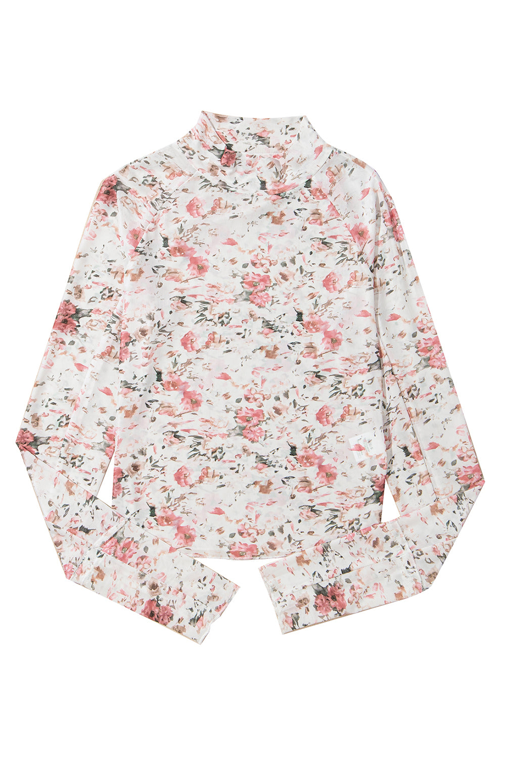 Brown Floral Long Sleeve High Neck Sheath Mesh Blouse - Aaria Tees Aaria Tees