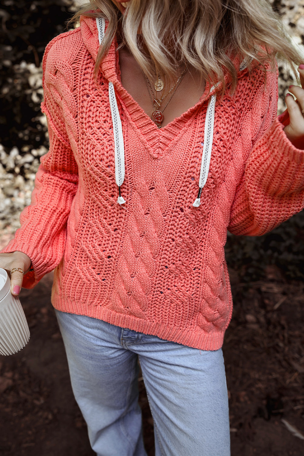 Sariah Cable Knit Drawstring Hooded Sweater - Aaria Tees Aaria Tees