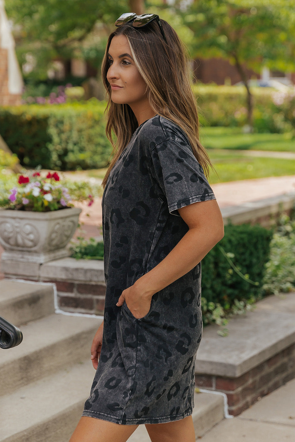 Gray Vintage Washed Leopard T-Shirt Dress with Pockets Aaria Tees