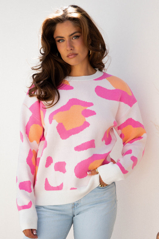 Leopard Round Neck Drop Shoulder Sweater