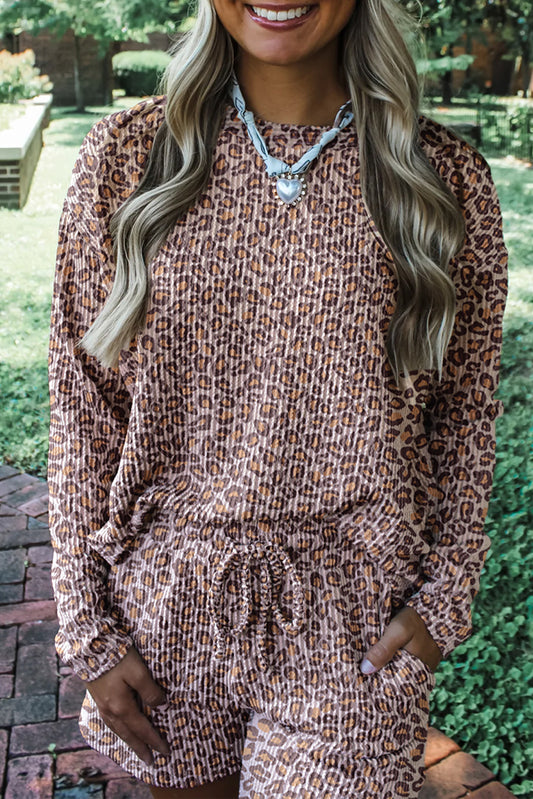 Khaki Leopard Ribbed Long Sleeve Top Drawstring Shorts 2pcs Outfit