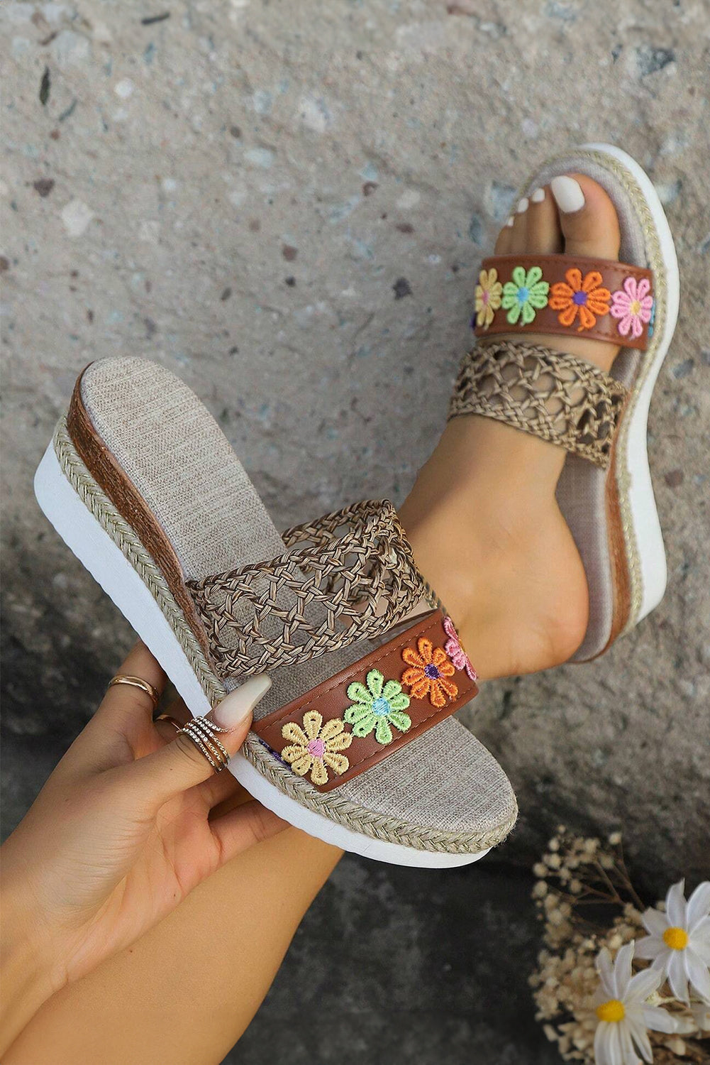White Floral Print Braided Details Wedge Slippers Aaria Tees