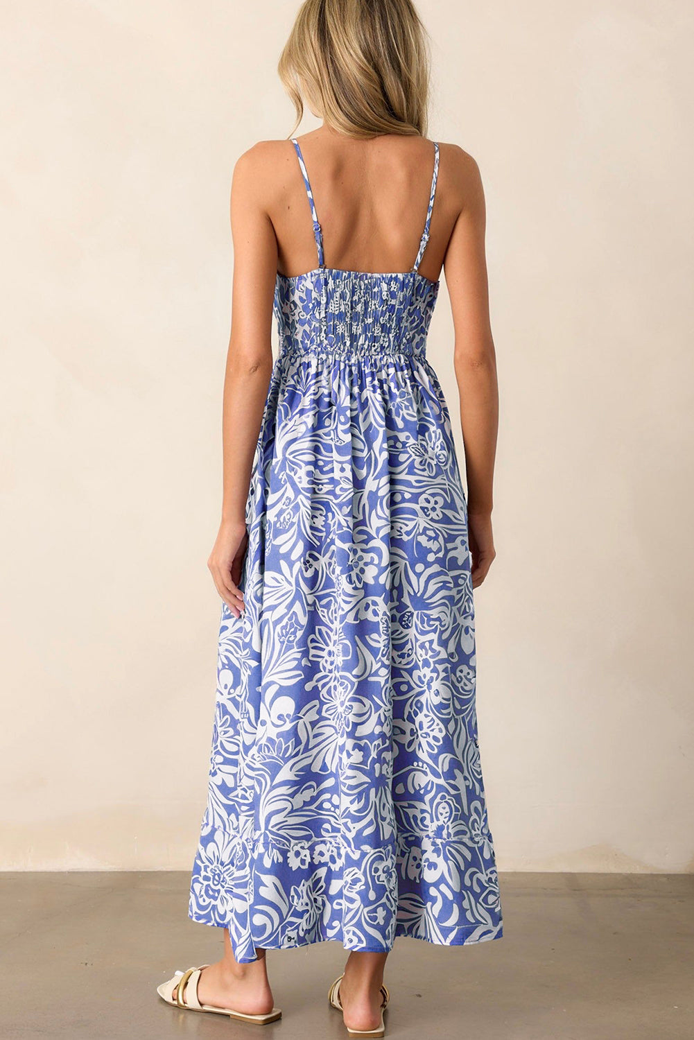 Sky Blue Floral Print Spaghetti Strap High Waist Maxi Dress Aaria Tees