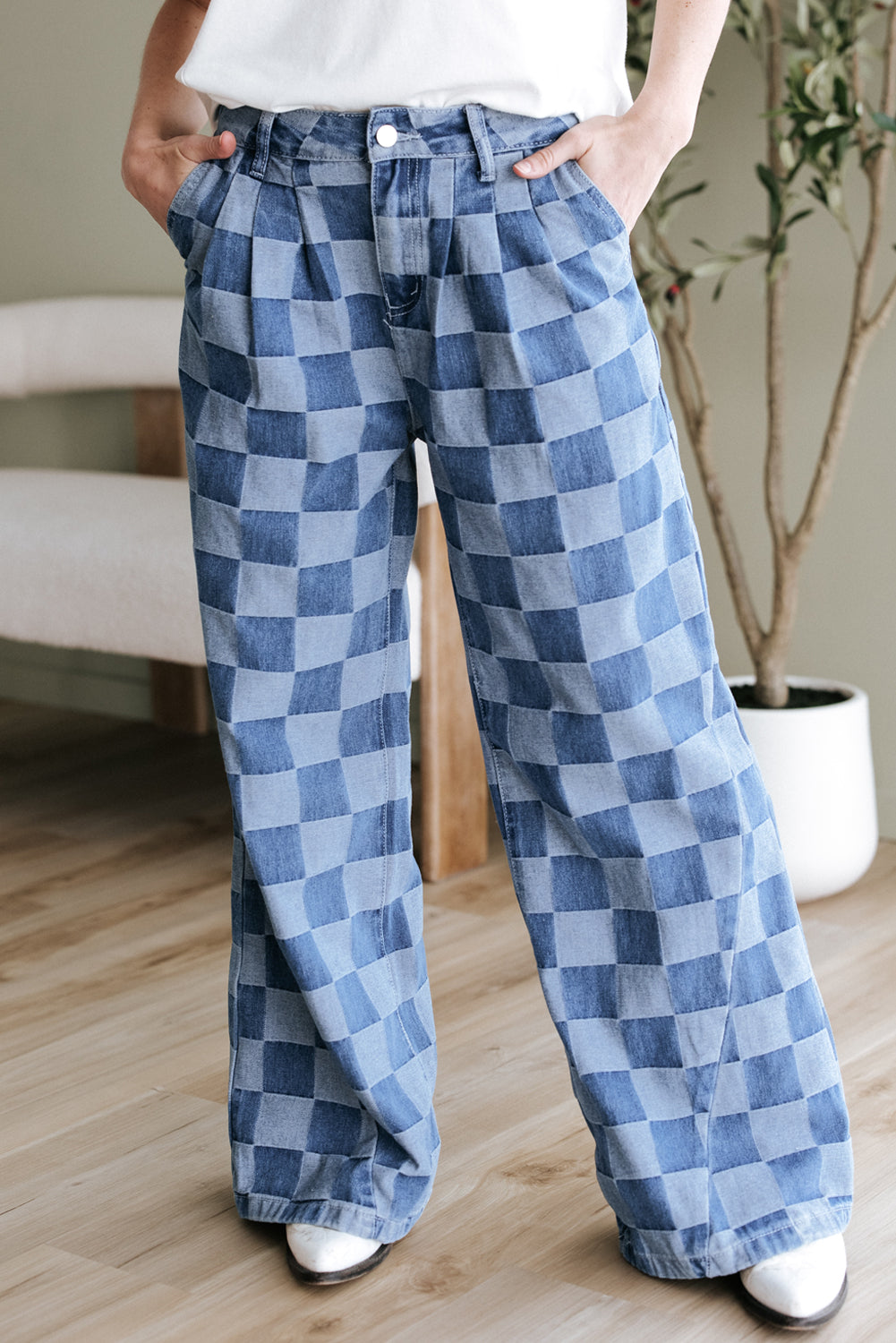 Dusk Blue Checkered Denim Wide Leg Jeans - Aaria Tees