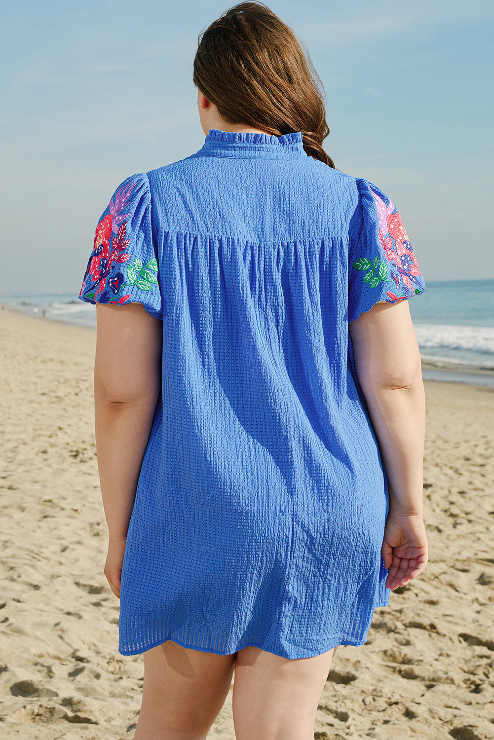 Sky Blue Plus Size Floral Embroidered Puff Sleeve Gingham Mini Dress Aaria Tees